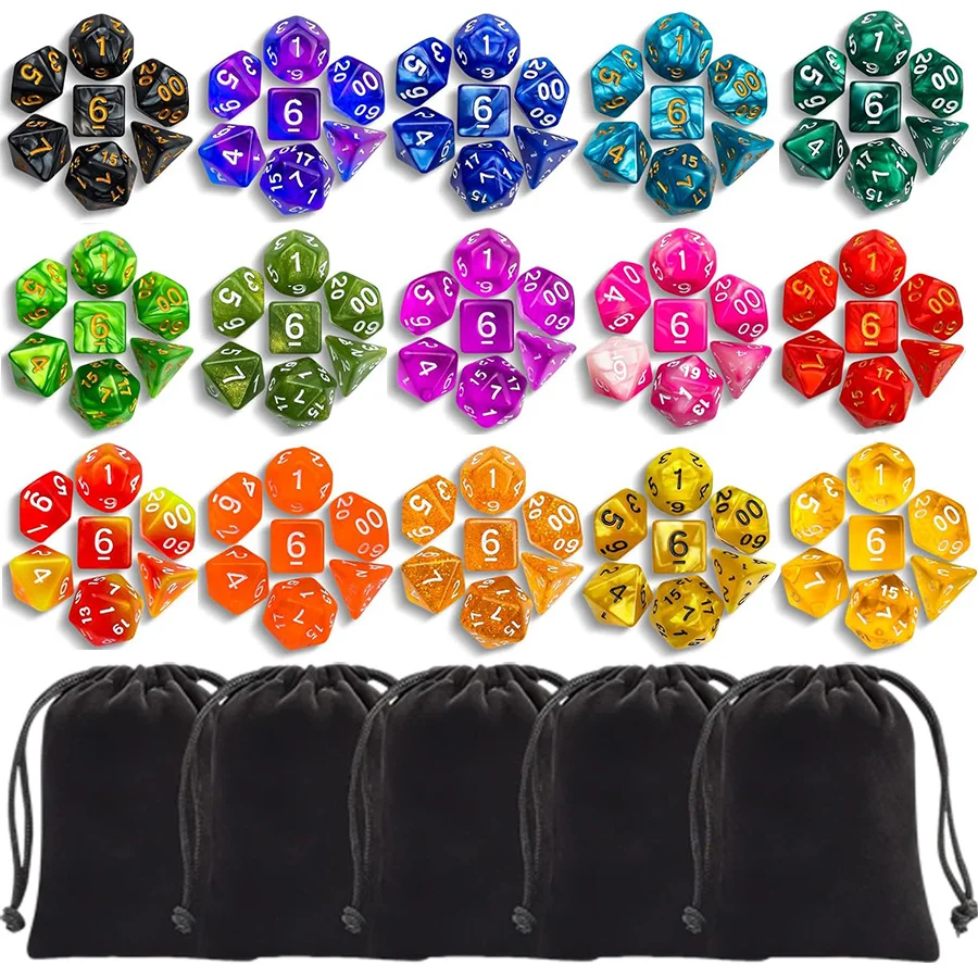 

35 многогранных игральных костей с 5 черными сумками, 5 комплектов цветов, наборы игральных костей D4-D20, совместимые с настольными играми DND RPG JXB