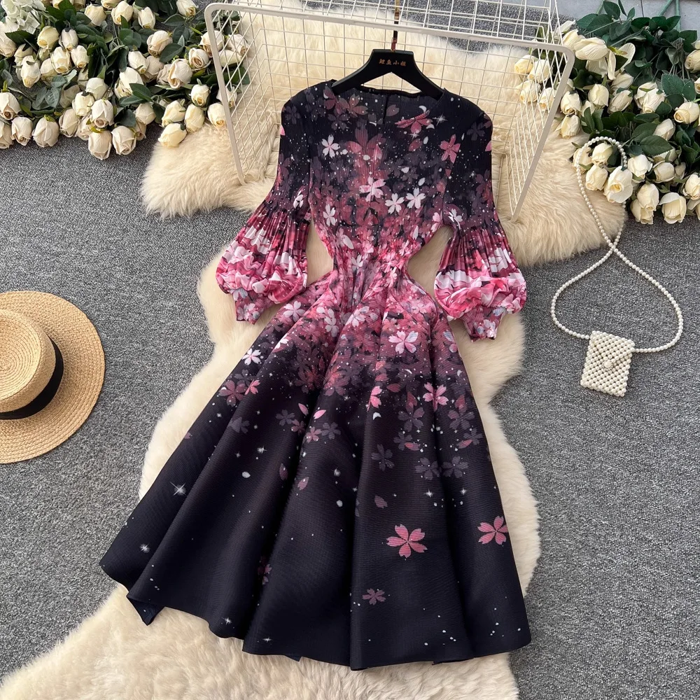 Miyake Pleated Print Dresses 2026 Summer New Round Neck Lantern Sleeve A-Line Flower Bud Dress Elegant Stretch Women's Clothing