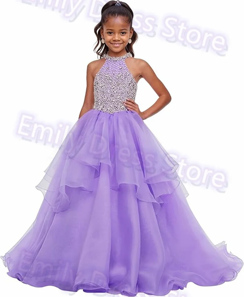 

Customized Purple Flower Girl Dress For Wedding Beaded Shining Puffy Ruffles Pageant Kids Baby Birthday First Communion Gown