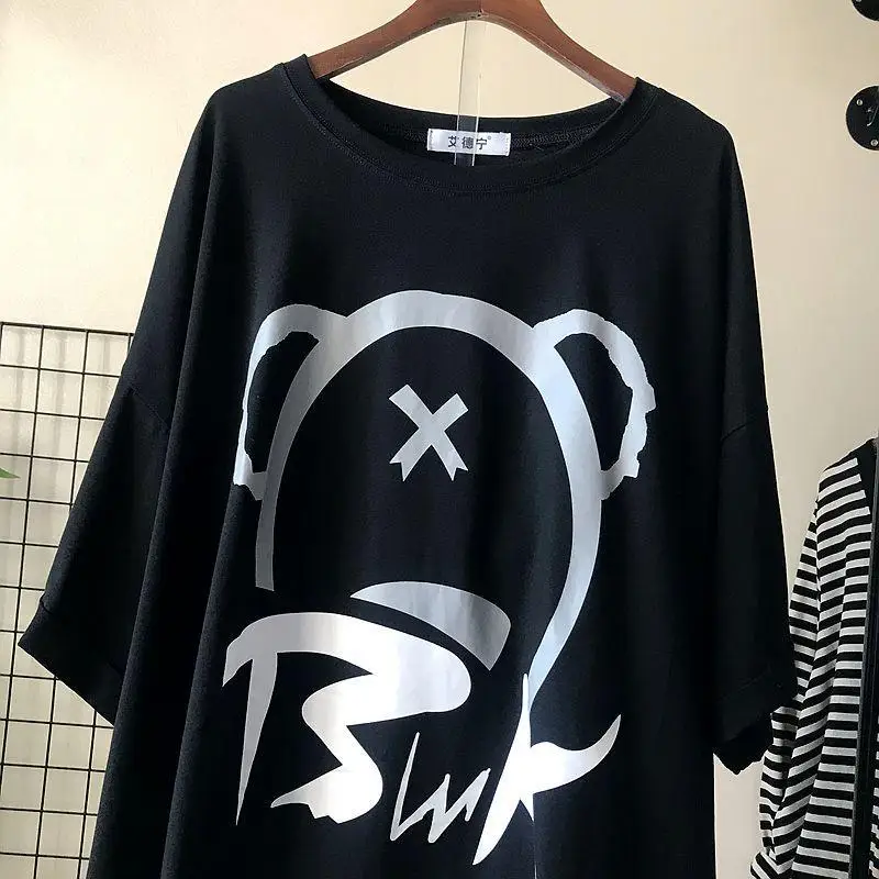 Camisetas holgadas con estampado de dibujos animados para mujer, camiseta de media manga con cuello redondo de gran tamaño, ropa informal de moda de