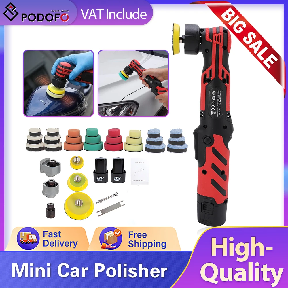 Podofo Mini Polisseuse de Voiture 12V 6 Vitesses avec Phares, Polisseuse Multifonction pour Voiture et Meubles, Élimination des Rayures