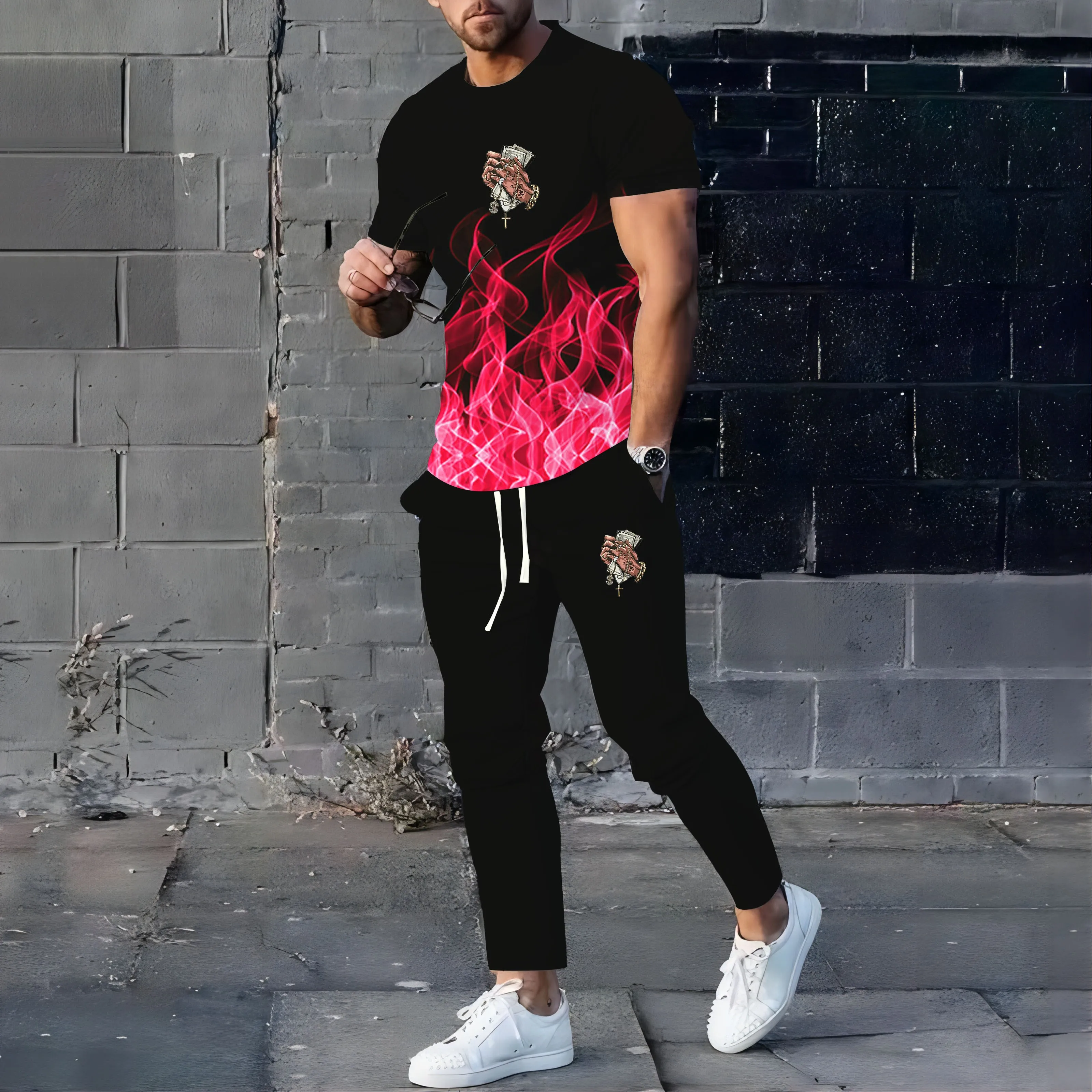 Men\'s sports suit 3D printed short-sleeved T-shirt summer sports trousers two-piece set 2024 hot selling fashion new style