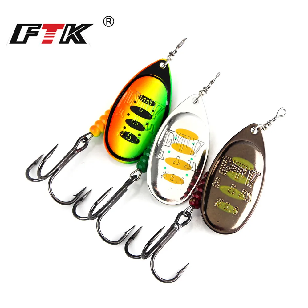 FTK Rotating Spinner Fishing Lure Spoon Sequins Metal Hard Bait Treble Hooks Wobblers Bass Tackle 8.5g 12.5g 14.7g