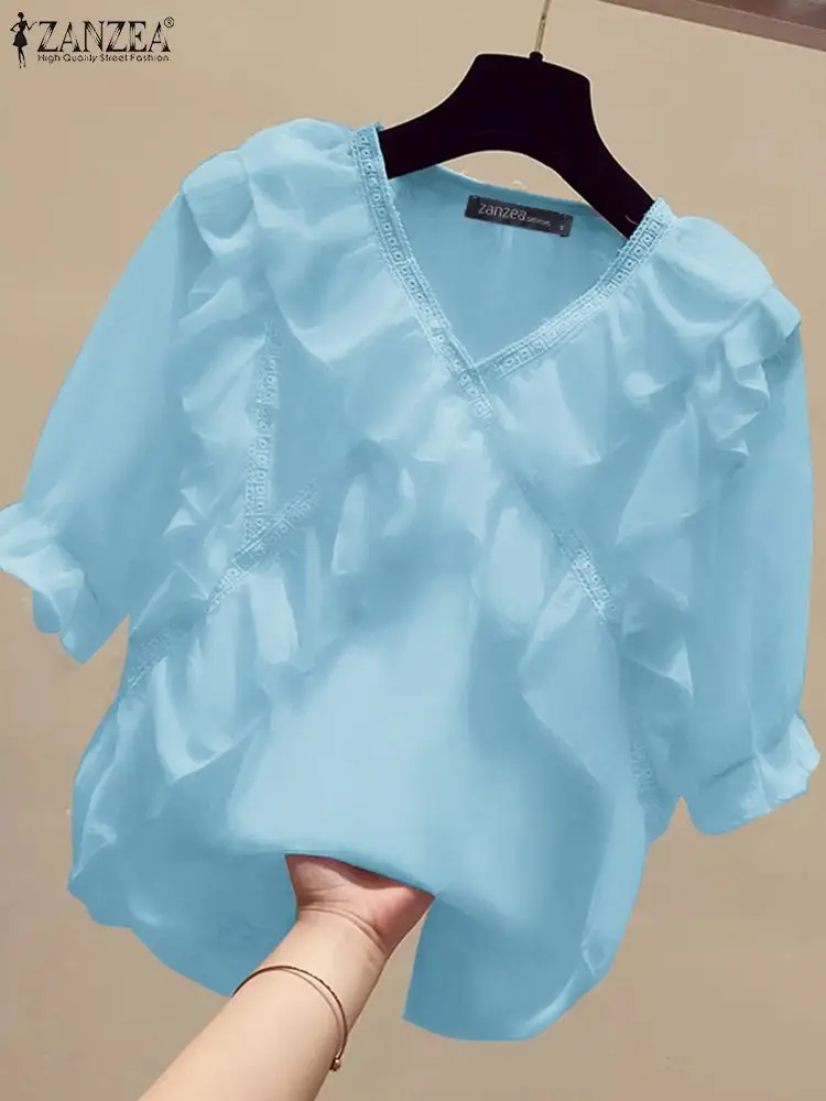 ZANZEA Sweety Ruffle Chiffon Blouse Women Korean Short Lantern Sleeve Tops Elegant V-neck Elastic Strap Tunic 2024 Elegant Shirt