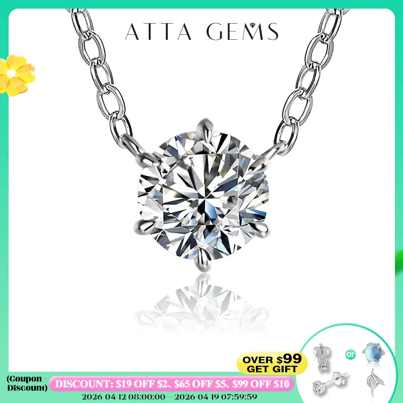 

ATTAGEMS 925 Silver Necklace Pendant Round Cut 1.0ct D Color White Moissanite Pass Diamond Test for Women Elegant Necklace