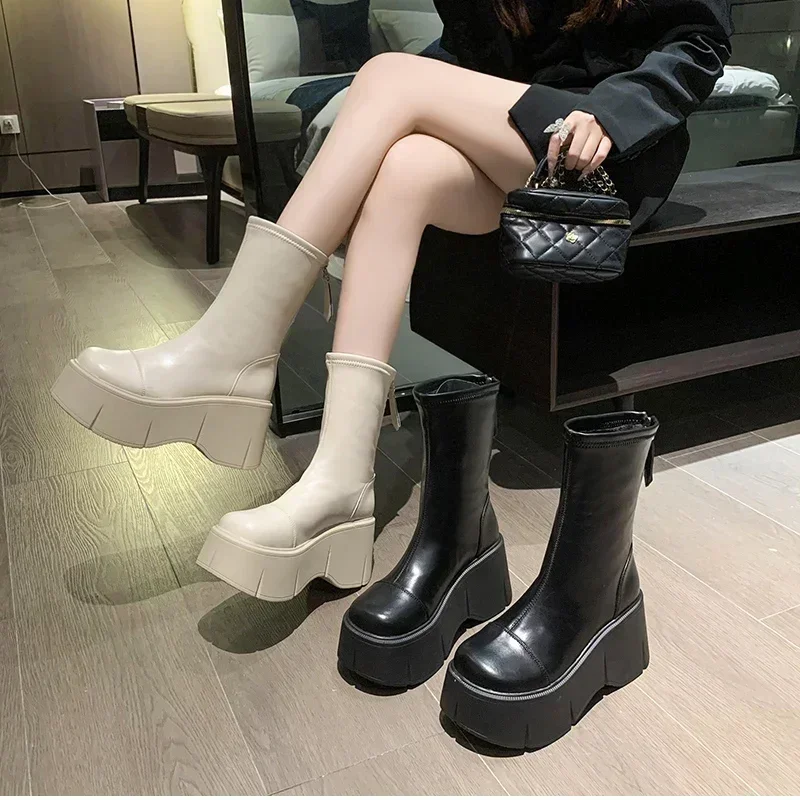 

2023 New Fashion Back Zippers Short Boot Female High Platform Thick Bottom Ladies Elegant Ankle Booties Punk Boots for Women 34
