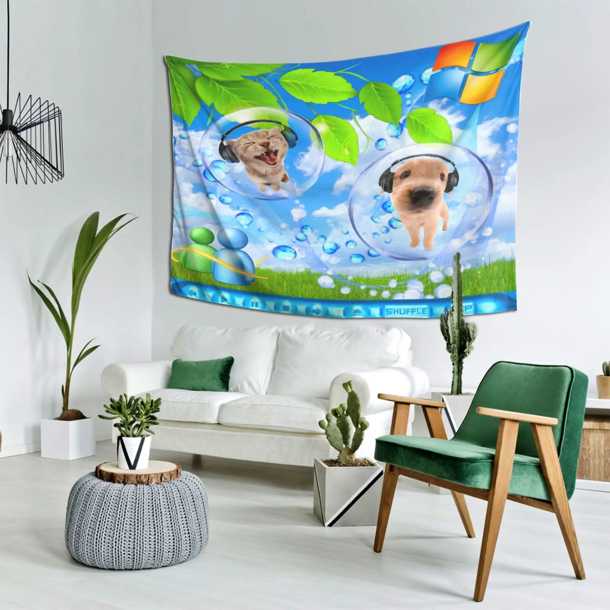 VIKAMA Y2K Retro Windows XP Funny Cat Dog Tapestry, Millennium Bubble Earphones Wall Art for Bedroom Living Room