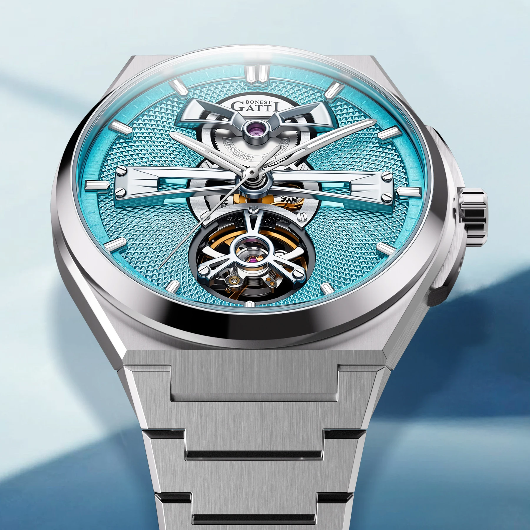 BONEST GATTI Men Automatic Watch 40mm Mechanical Wristwatch 30M Waterproof Sapphire Mirror Luminous Skeleton Dial