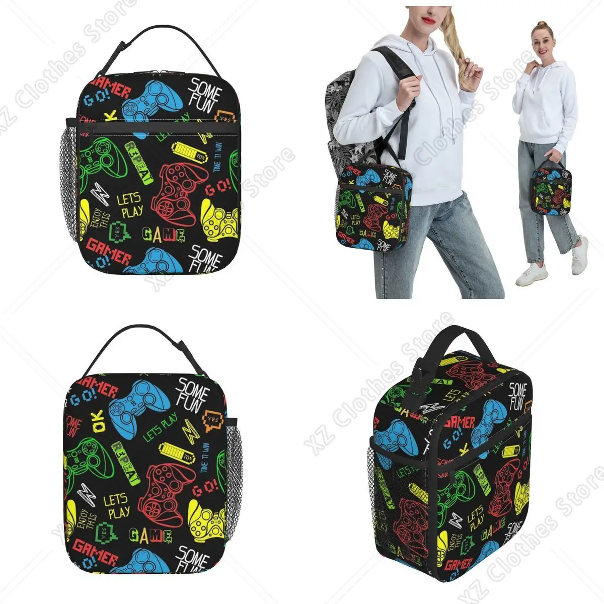 Video Game Controller Pixel Style Thermal Insulated Lunch Bag for Travel Portable Food Container Bags Thermal Cooler Lunch Box