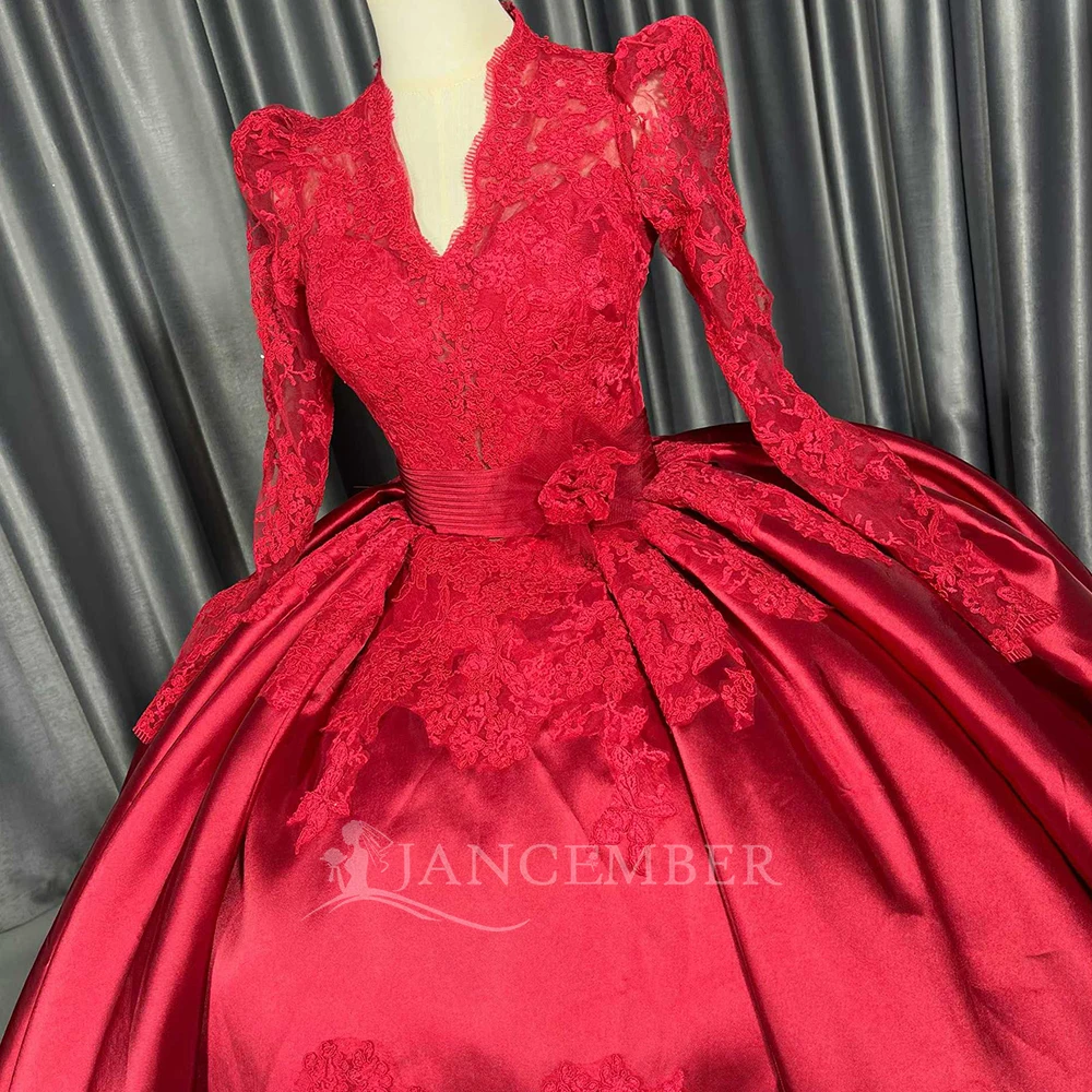 Customized Elegant Ball Gown Princess Wedding Dresses V-neck Long Sleeves Satin Made Bridal Gown Train فساتين حفلات