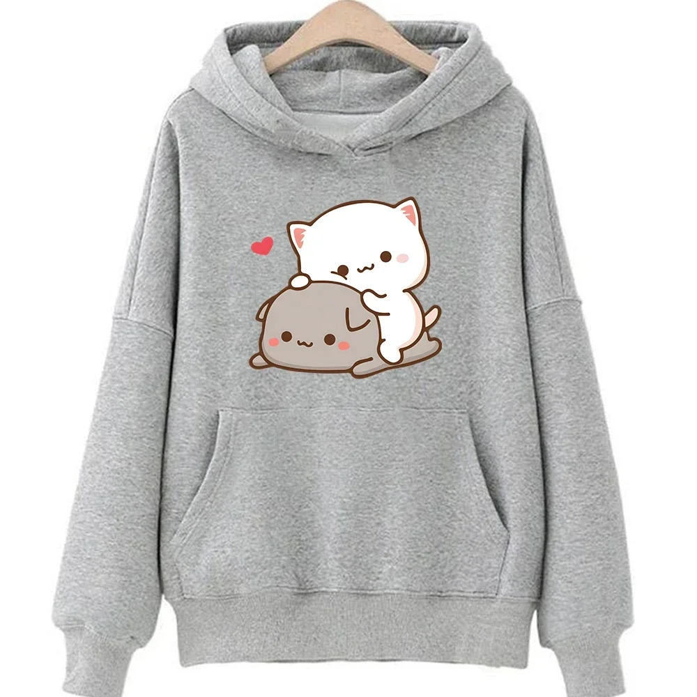 Mochi Peach And Goma Lindo Gato Sudadera con capucha para niñas Moda Kawaii Dibujos animados Jerséis Mujeres_Hombres Protección del medio ambiente