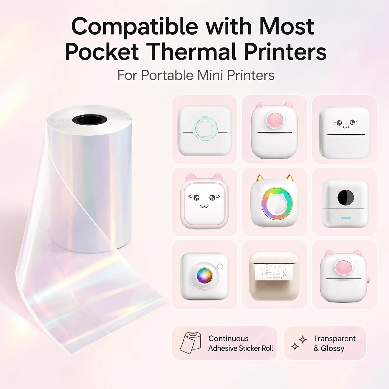 53mm Transparent Pearlescent Thermal Label Paper Sticker Roll Self Adhesive Compatible for T02 M02X M02L Mini Printer Tag