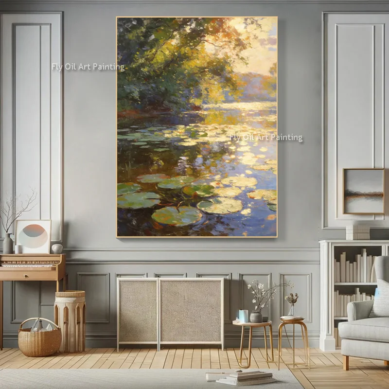 

Original Fashional Design Artwork Modern Orange Yellow Lake Sunset View Canvas Oil Painting New Green Blue Landscape Wall Art