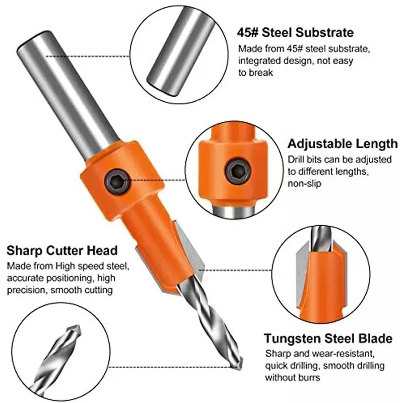 5pcs/set 8mm Counter Drill Bits Set Carbon Steel Wood Tools Countersunk Counter Sink Bit Woodworking Wood Counterbore Drill Tool