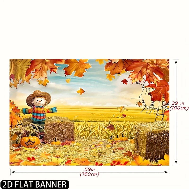 قطعة واحدة من قماش خلفية عيد الشكر لحصاد الخريف - قطعة واحدة من اليقطين والقش ونمط أوراق القيقب