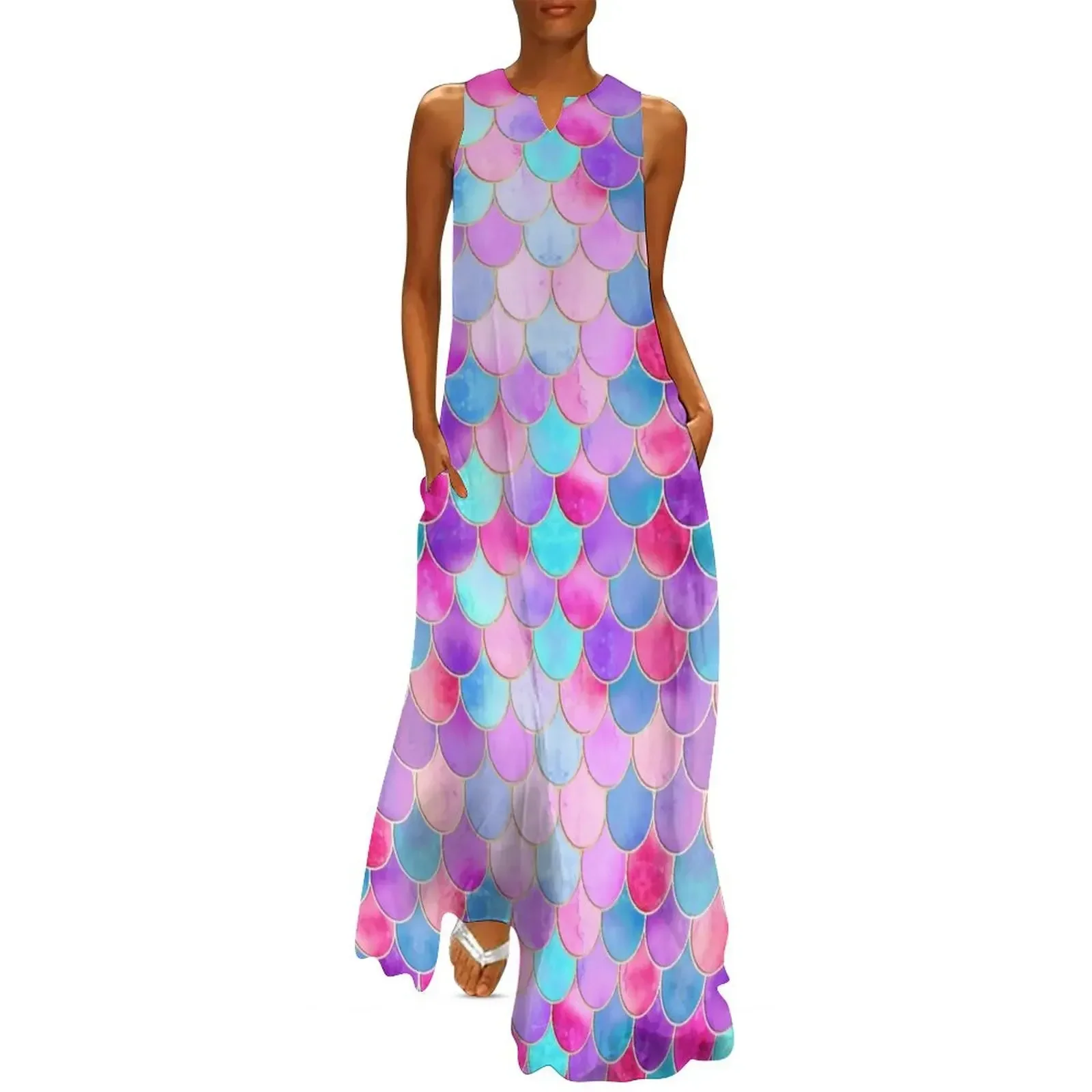 

Aqua, Pink Purple & Gold Mermaid Scale Pattern Long Dress african dresses for woman long sleeve dresses Dress