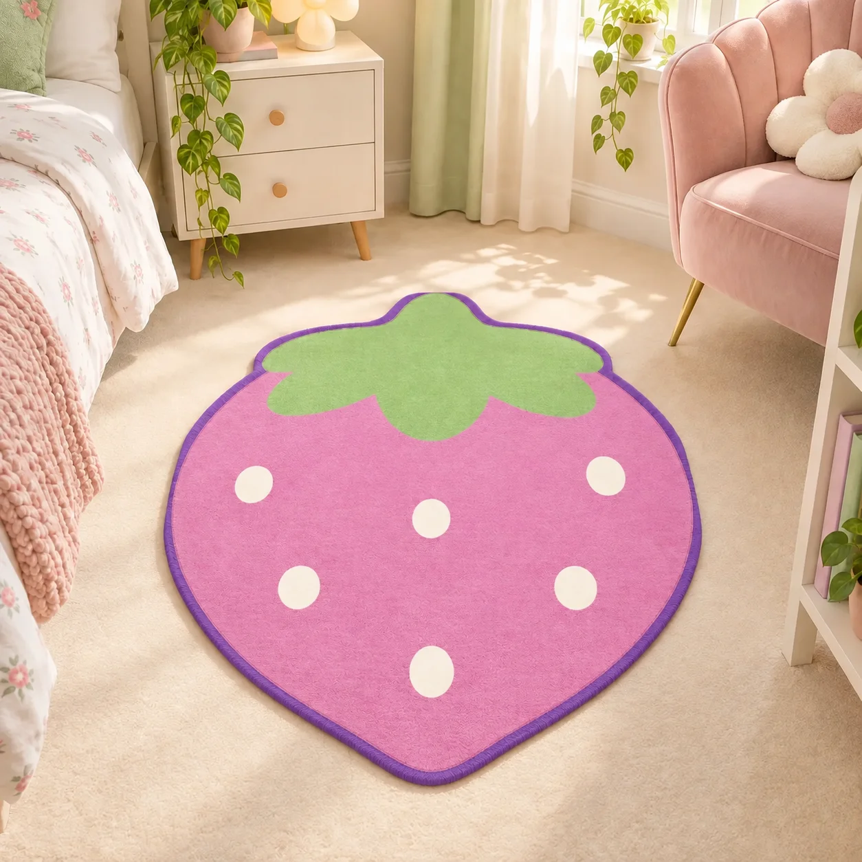 Pink Strawberry Shaped Area Rug, Cute Fruit Floor Mat For Kids Bedroom, Nursery, Playroom, Kitchen Decor And Birthday Gifts