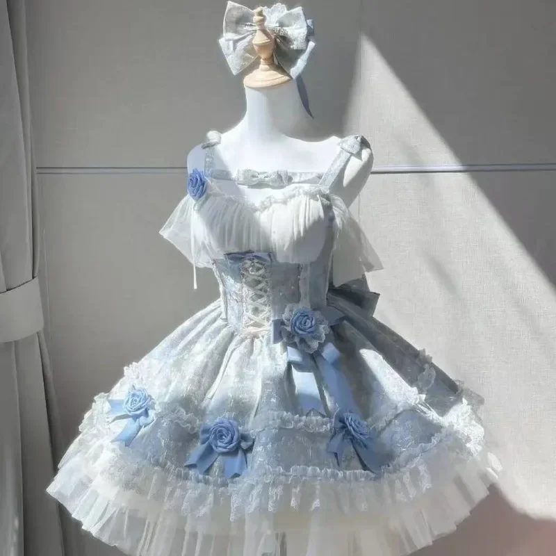 2025 French Summer Sweet Y2k Fairy Lolita Dress Women Long Sleeve Lace Mini Dress Vintage Kawaii Clothes One Piece Dress Korean