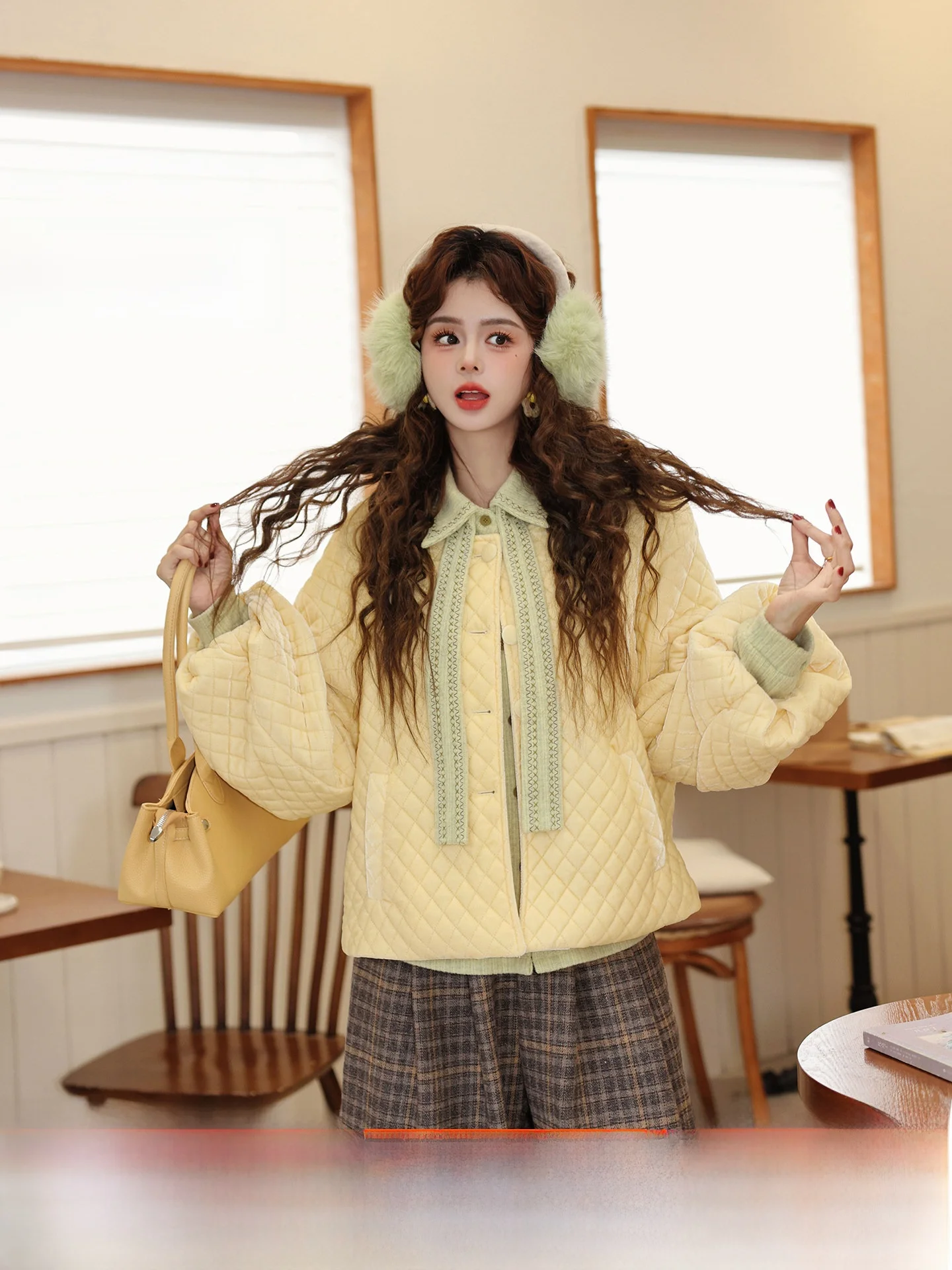 

Женская хлопковая куртка Chend's Thiened свободного кроя с рукавами-фонариками и ромбовидным узором, винтажный стиль, длинный рукав, воротник