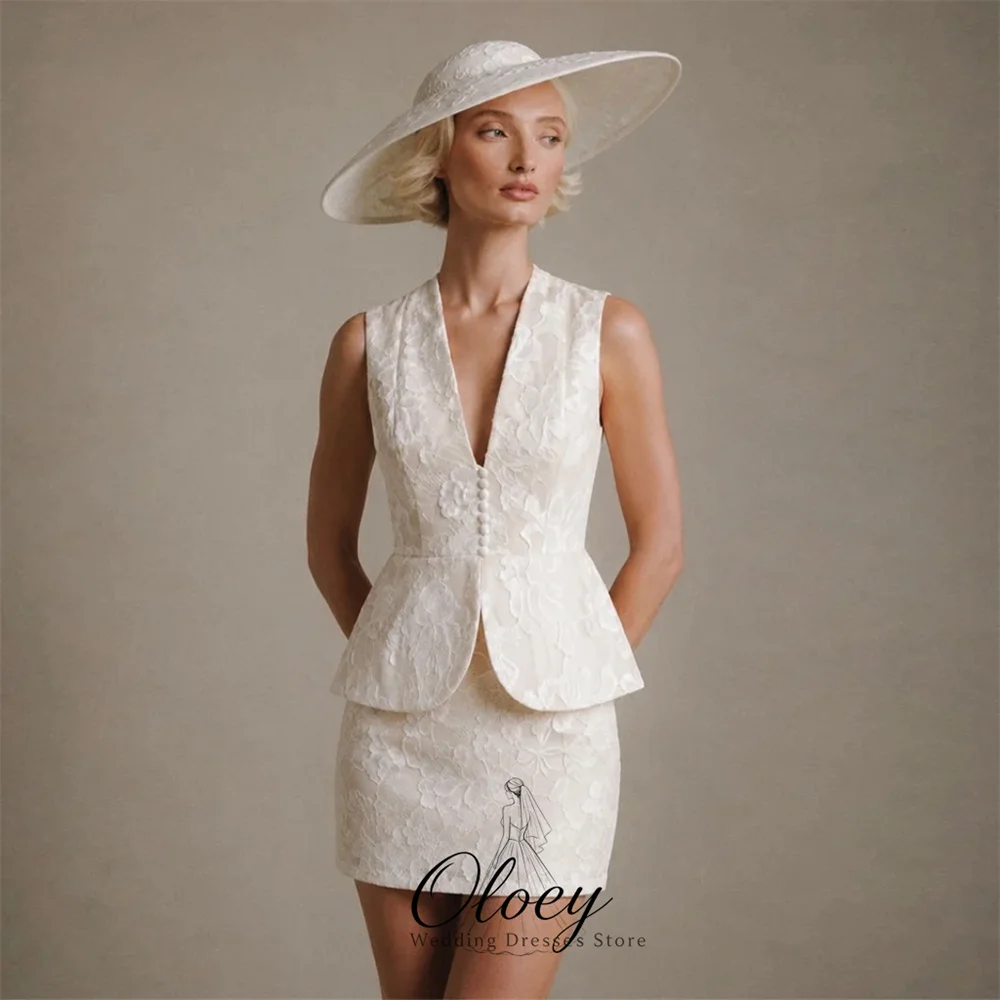 OLOEY Modern Deep V‑Neck Lace Two‑Piece Bridal Gown Sleeveless Mini Wedding Dresses For Woman Customized Wedding Party Dress