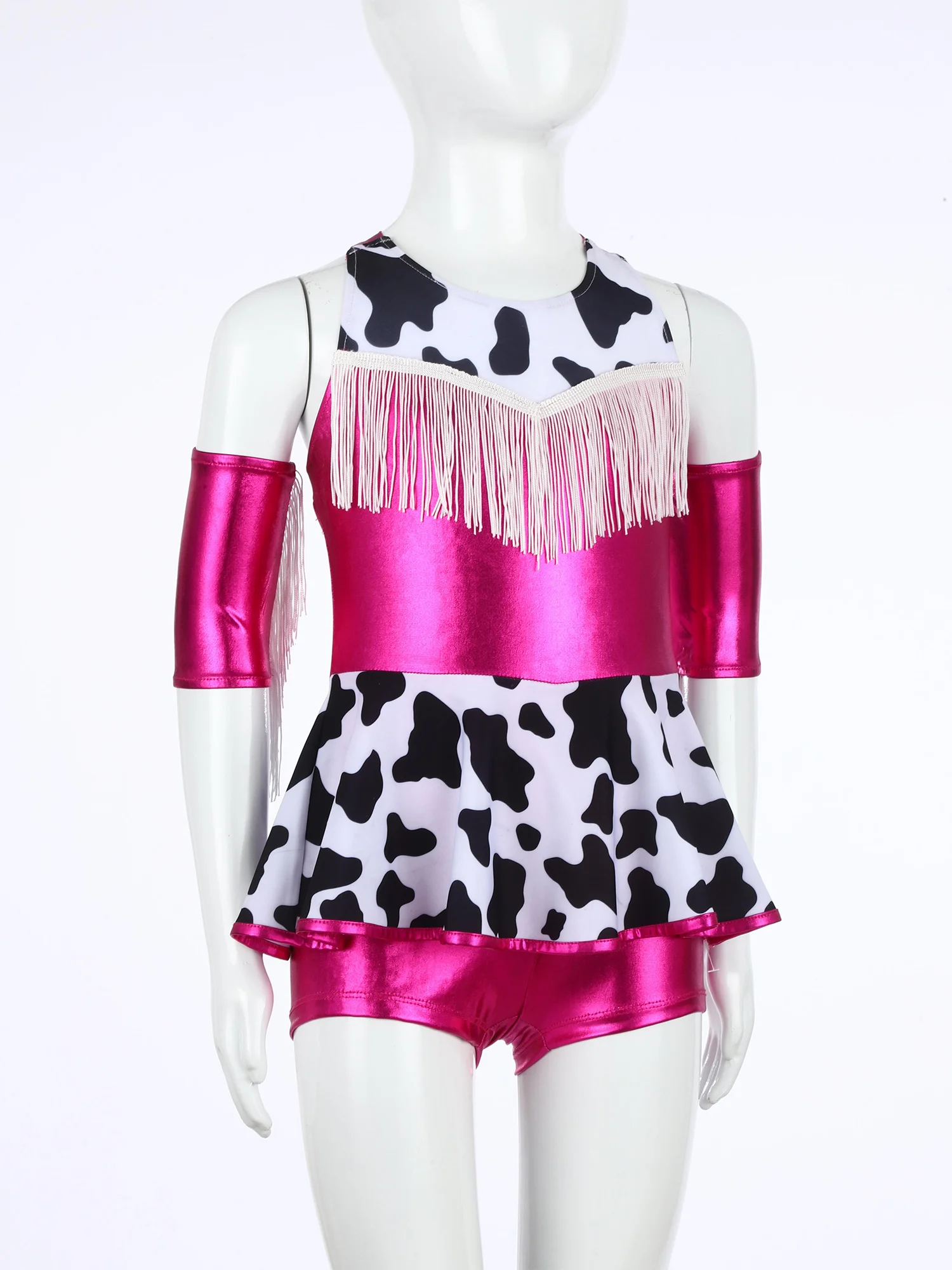 فتاة الجاز اللاتينية ملابس رقص الباليه لامع البقرة طباعة يوتار فستان وأكمام طويلة راعية البقر الزي هالوين كرنفال Dancewear #3