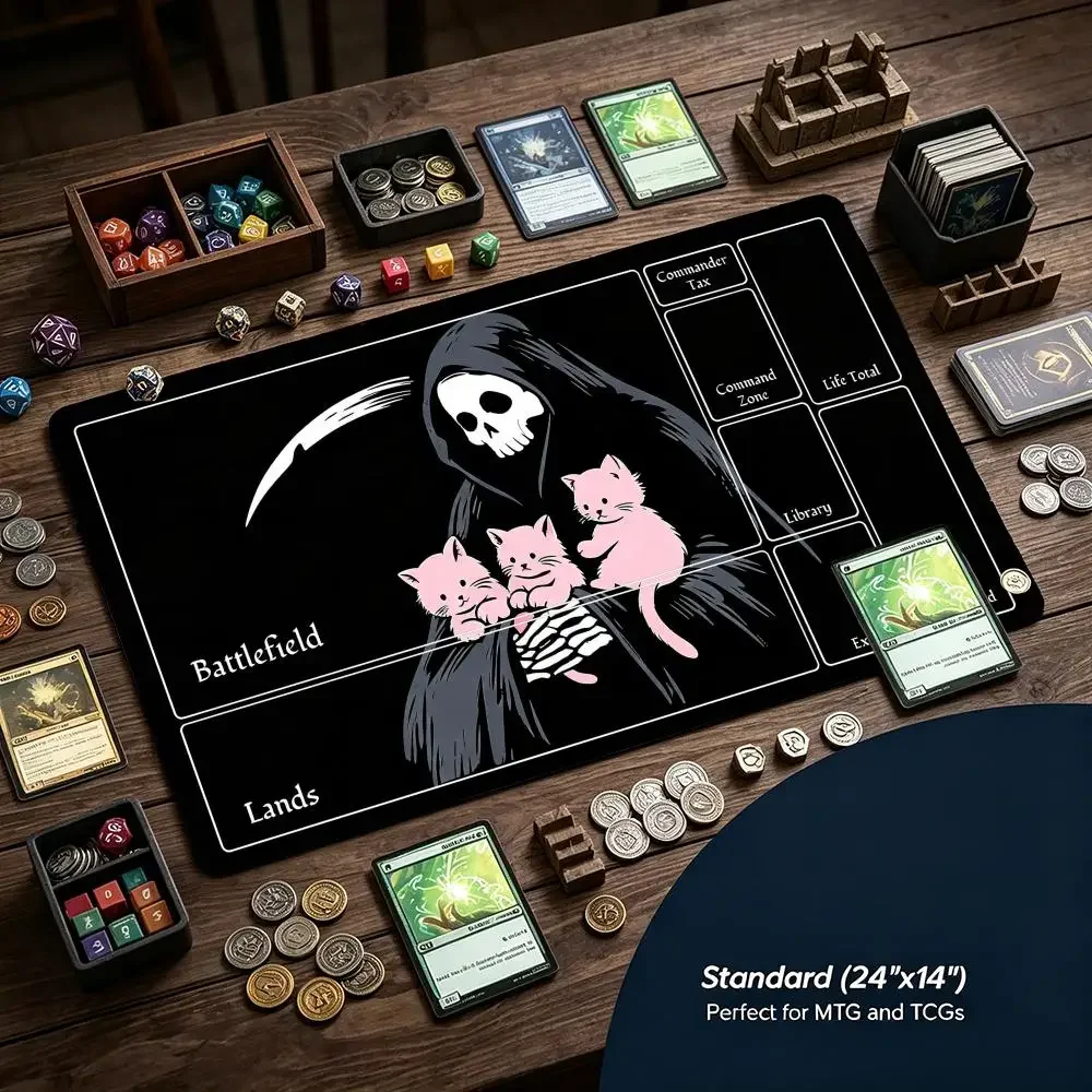 Grim Reaper Holding Pink Kittens Gaming Mouse Pad Playmat 24 X14 MTG TCG Office Desk Mat Work Game PC Laptop Rug MousePad
