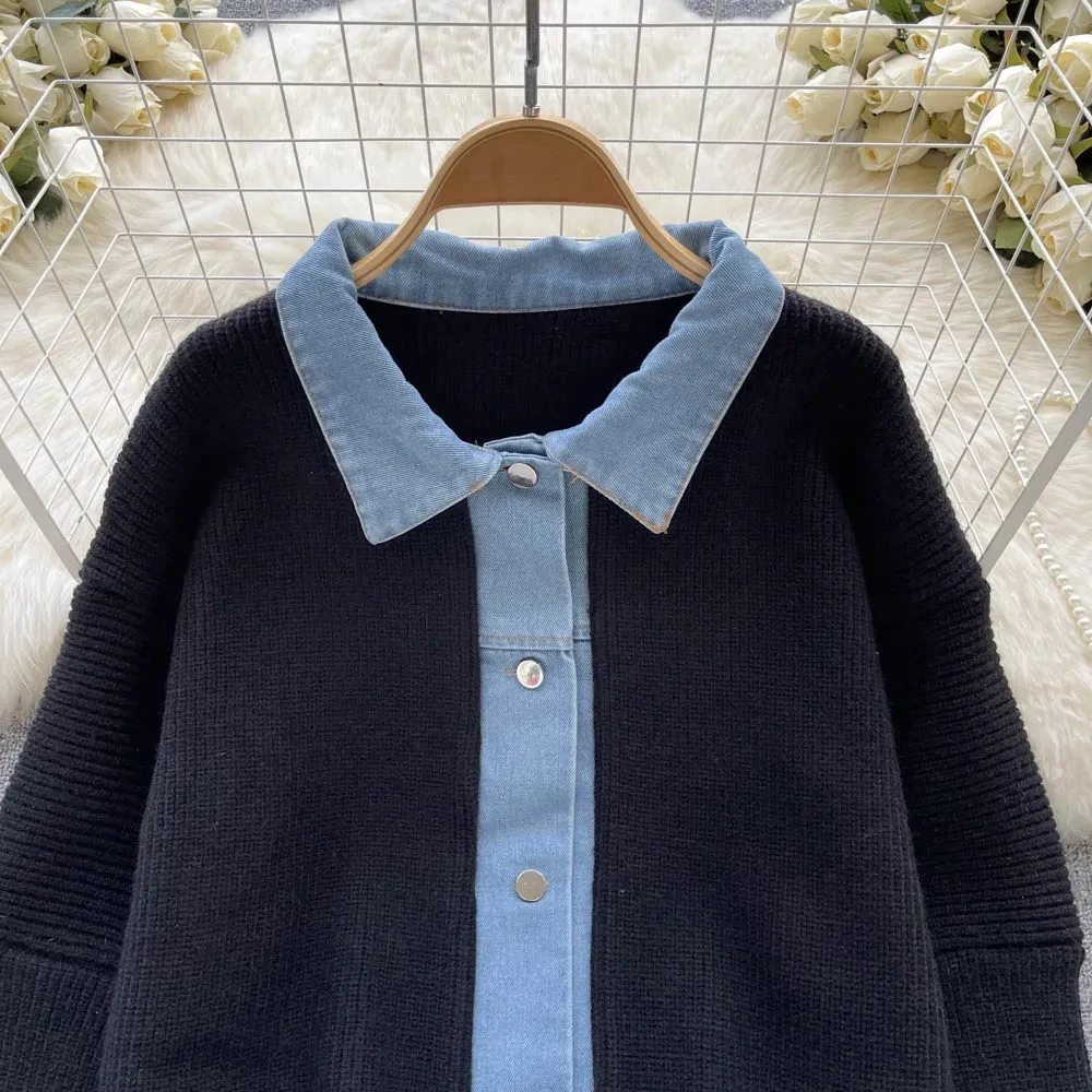 Women Casual Denim Spcling Knitted Jacket Fall Long Sleeve Single Breasted Warm Soft Sweater Cardigan High Quality Knitwear Coat