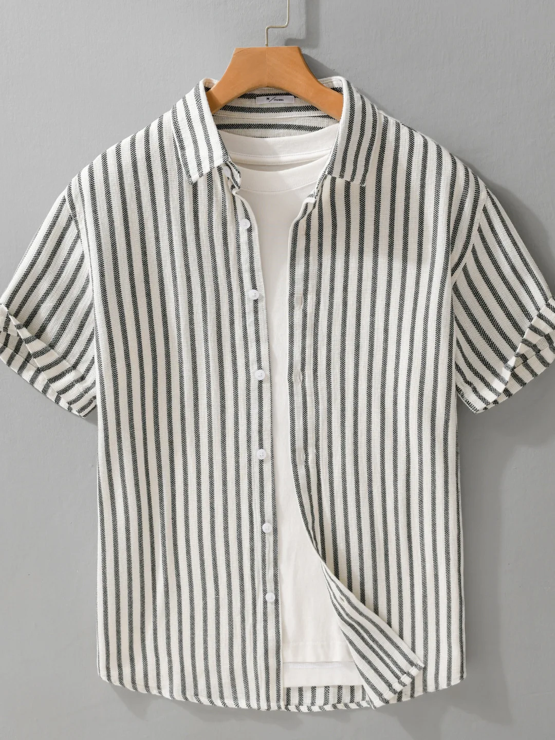 Color Woven Cotton Slim Fit Stripe Shirt Men Summer New Style Pure Cotton Breathable  Vertical Stripe Shirt Trendy Casua...