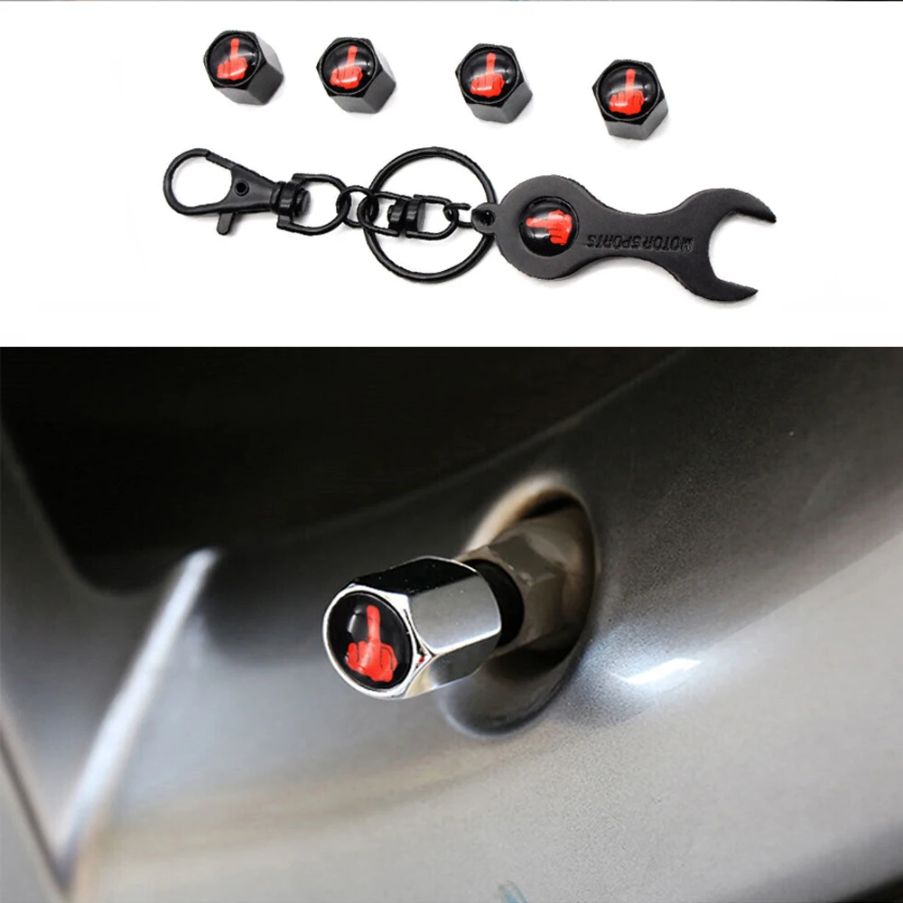 

One Set (5pcs) Metal Middle Finger Emblem Keychain Key Ring Car Wheel Tire Air Valve Cap Stem Dust Cover