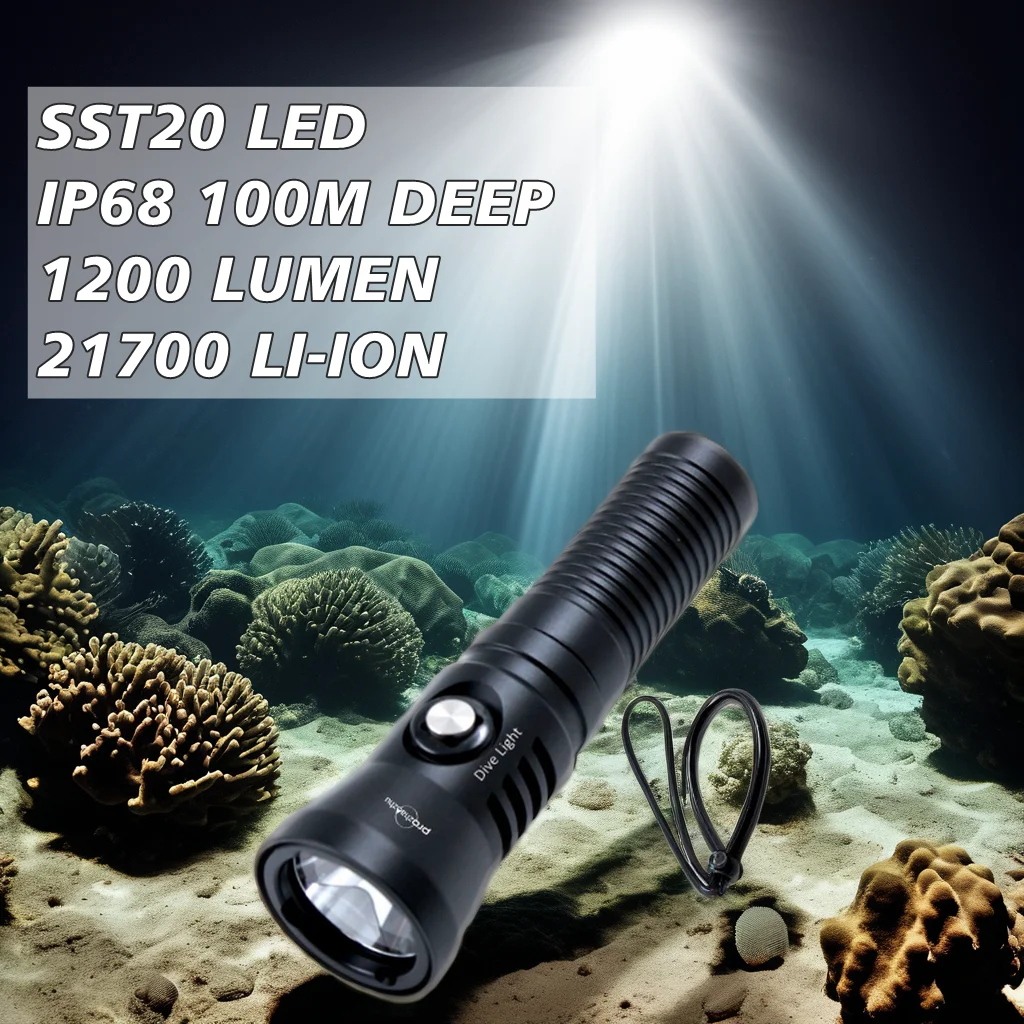 Small Diving Flashlight 1200 Lumen IP68  Waterproof Spotlight 21700 Scuba Diving Light