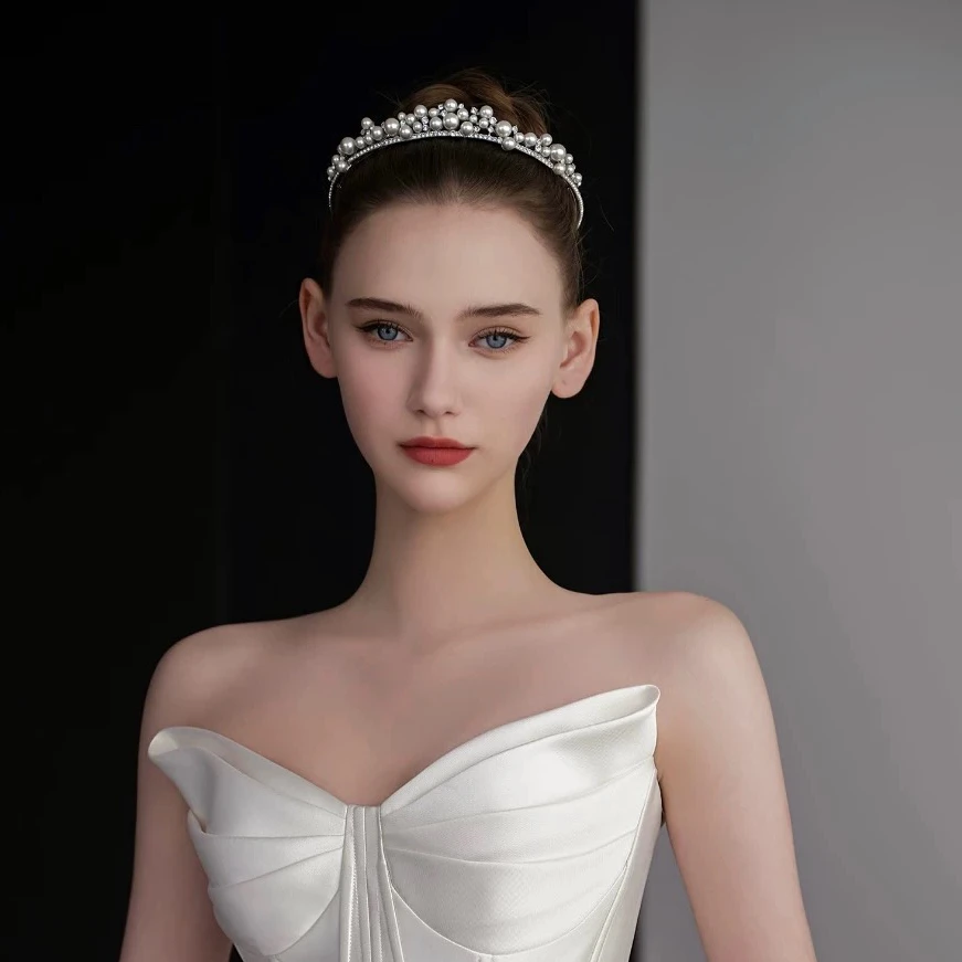 Korean Pearls Wedding Tiaras Headpices Sparkling Bridal Headbands Brides Hair Accessories Evening Head Wear
