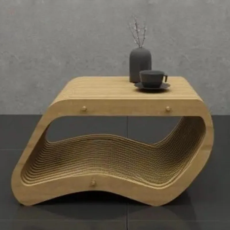 Fashion, curve art, sliced edges, duplex apartment, empty living room, light luxury creative coffee table
