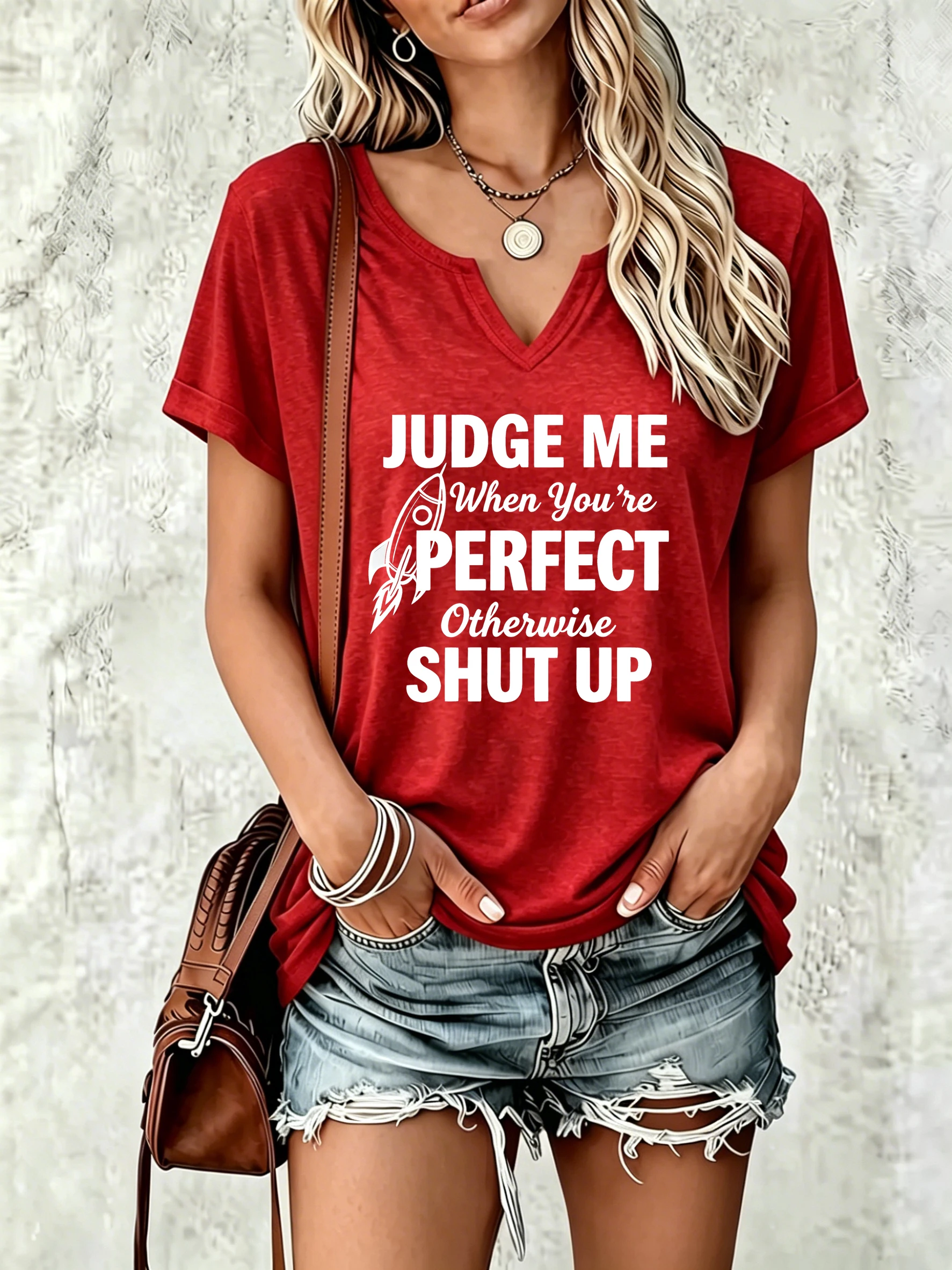 Damen-T-Shirt mit V-Ausschnitt und kurzen Ärmeln, „Judge Me When You're Perfect“-Slogan-Rocket-Grafik-T-Shirt, Freizeitkleidung, Sommeroberteile für Damen – Detail 3