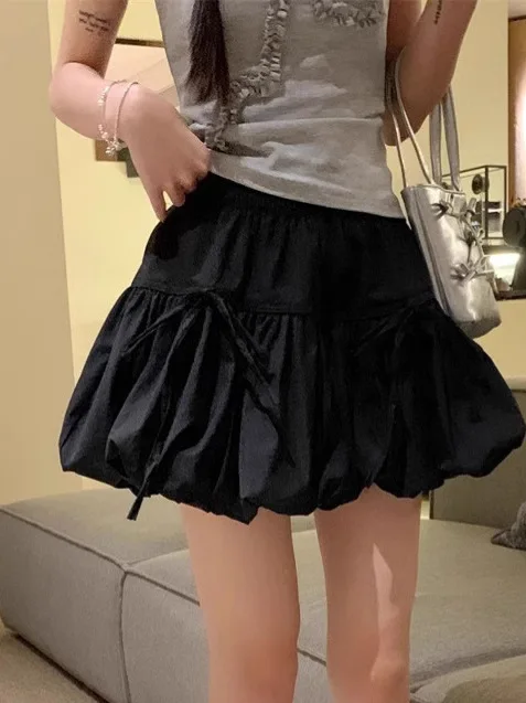 Jupe trapèze bouffante avec nœud doux, bourgeon de fleur blanc, longueur f, décontractée, taille haute, en Fiber de Polyester, été