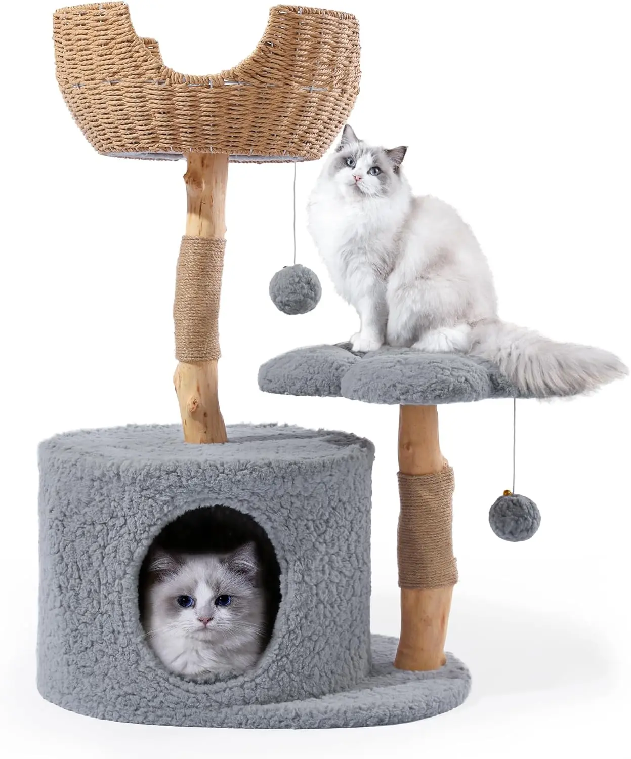 Modern Cat Tree Tower for Large Cats with Seasonal Universal Mat, Wood Cat Tree Indoor Use, Real Branch Luxury Cat Condo with