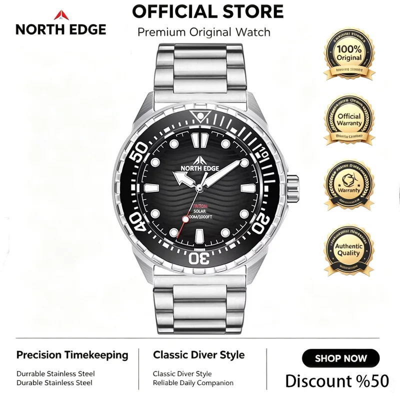 Premium NORTH EDGE TRITON TI Titanium Diving Watch Solar Powered Luxury Quartz Men's Wristwatch 300M Waterproof Long Lasting 180