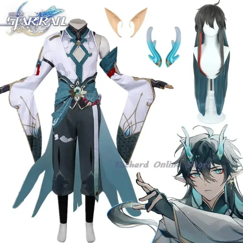 

Dan Heng imitator Lunae cosplay costume honkai star rail 5 star uniform wig dragon horn headwear Astral express party men women