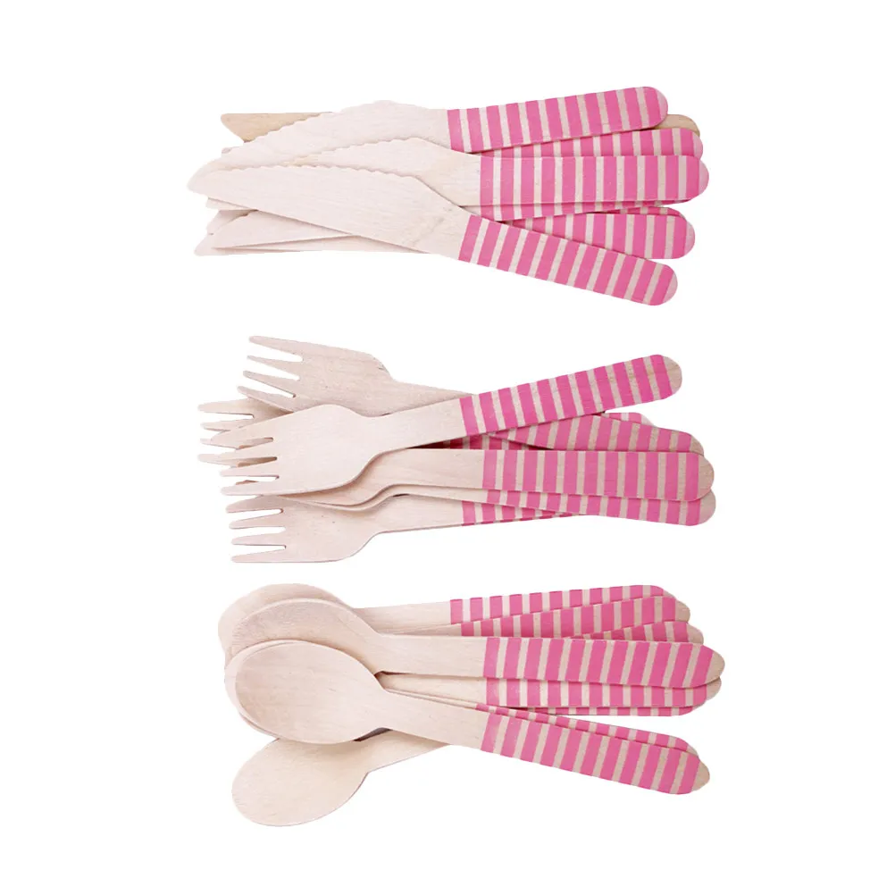 1Set Disposable Cutter Fork Spoon Eco Wooden Flatware Kit Pink Birthday Party Picnic Disposable Wooden Tableware