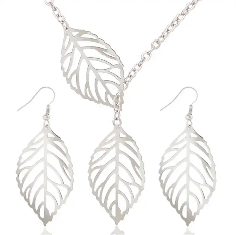 Hot Sale Elegant OL Leaves Hook Hollow Dangle Drop Earrings Necklace New Fashion Leaf Jewelry Sets Woman