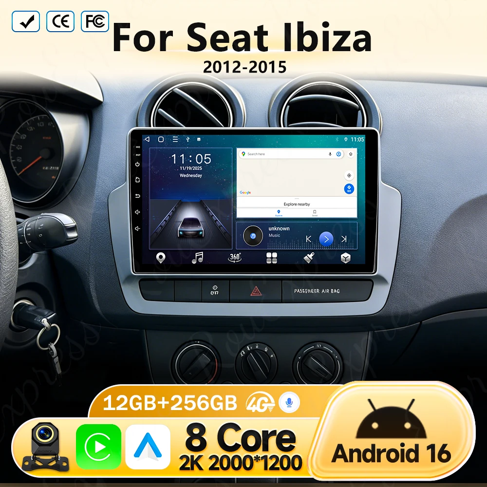 

12G+256G QLED Touch Screen For Seat Ibiza 2012-2015 Android 16 Auto Radio Car Multimedia Video Player 5G WIFI BT GPS Navigation