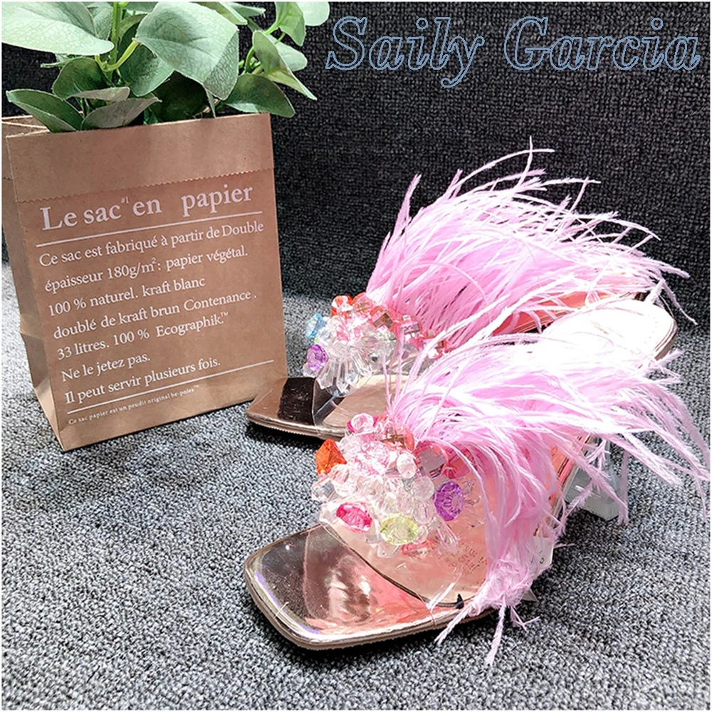 

Rhinestone Feather Luxury SquareToe Stiletto Slippers Women Fashion High Heeled Outer Wear Non Slip Bottom Autumn Shoes