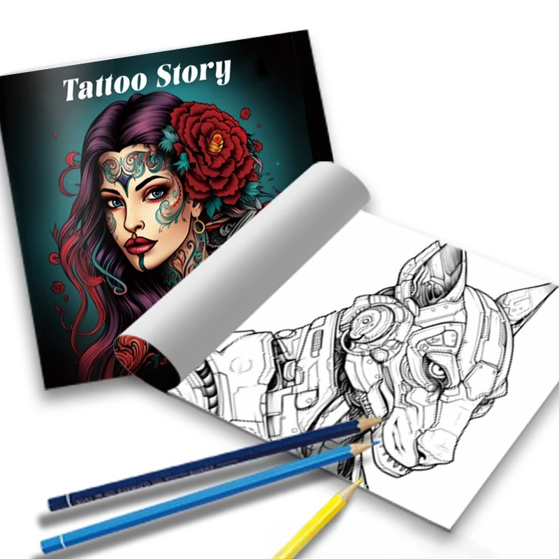 Tattoo Story Coloring Book Vintage Tattooed Woman Red Rose Floral Art Stress Relief Drawing Book