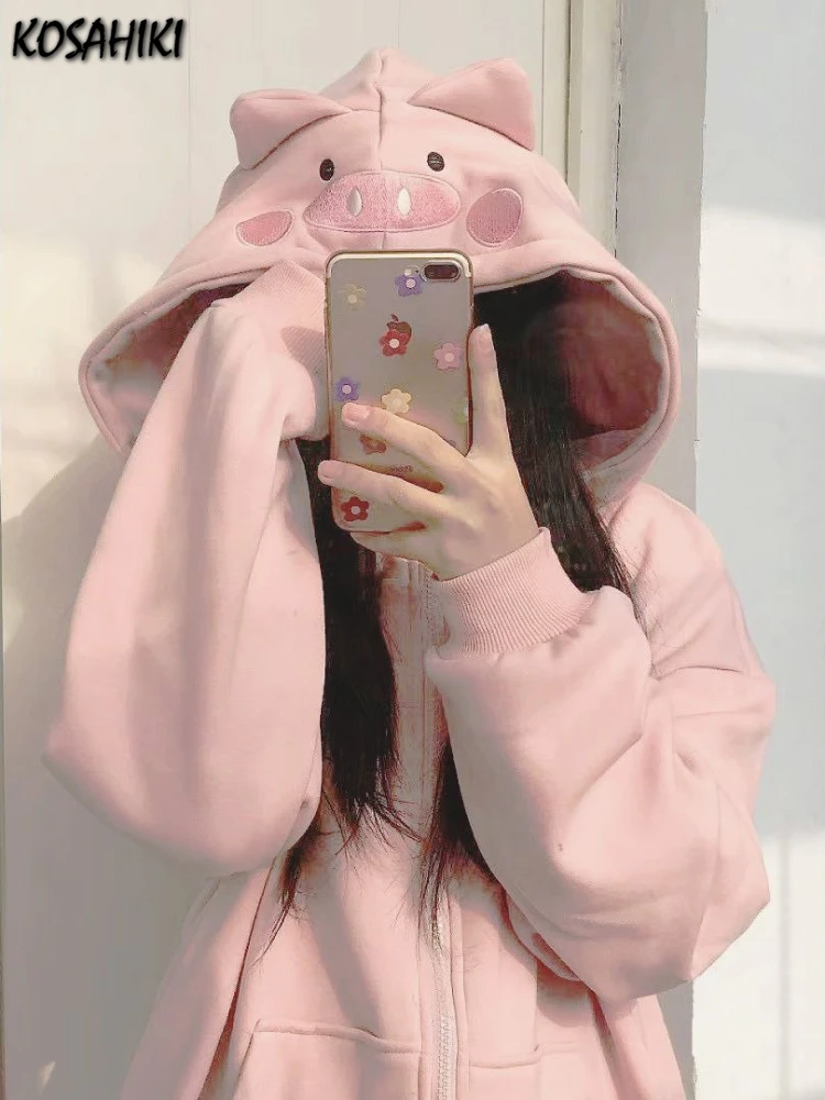 

Sweet Pink Piggy Letter Embroidery Hoodies Women Loose Y2k Kawaii Cute Preppy Sweatshirts Fashion Pocket Casual Aesthetic Hoodie