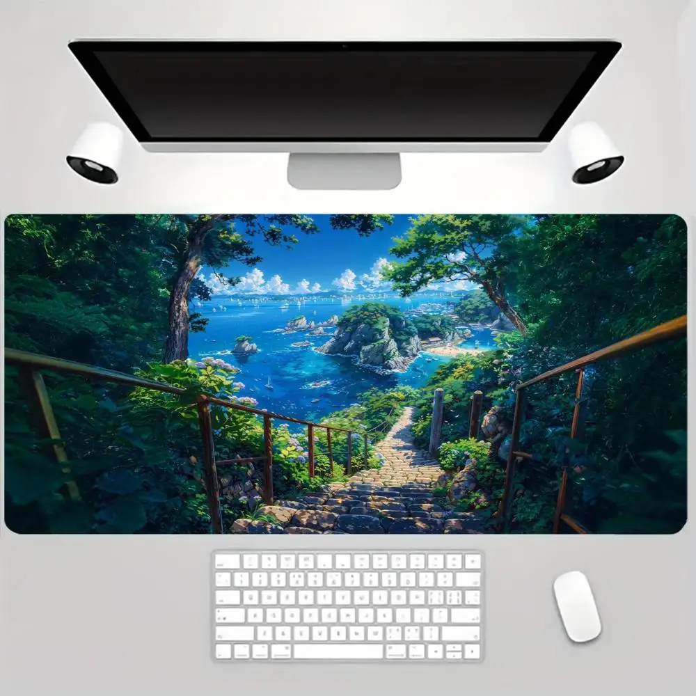 Fantasy Jungle Scenery Desk Mat Large Anti Slip Mousepad, Enchanted Forest Landscape Table Decor for Gamers