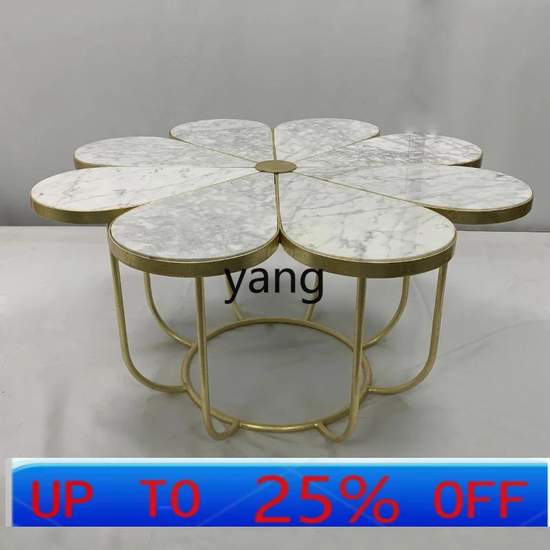 Lcx  American light luxury living room retro petal marble desktop metal craft gold foil silver foil coffee table