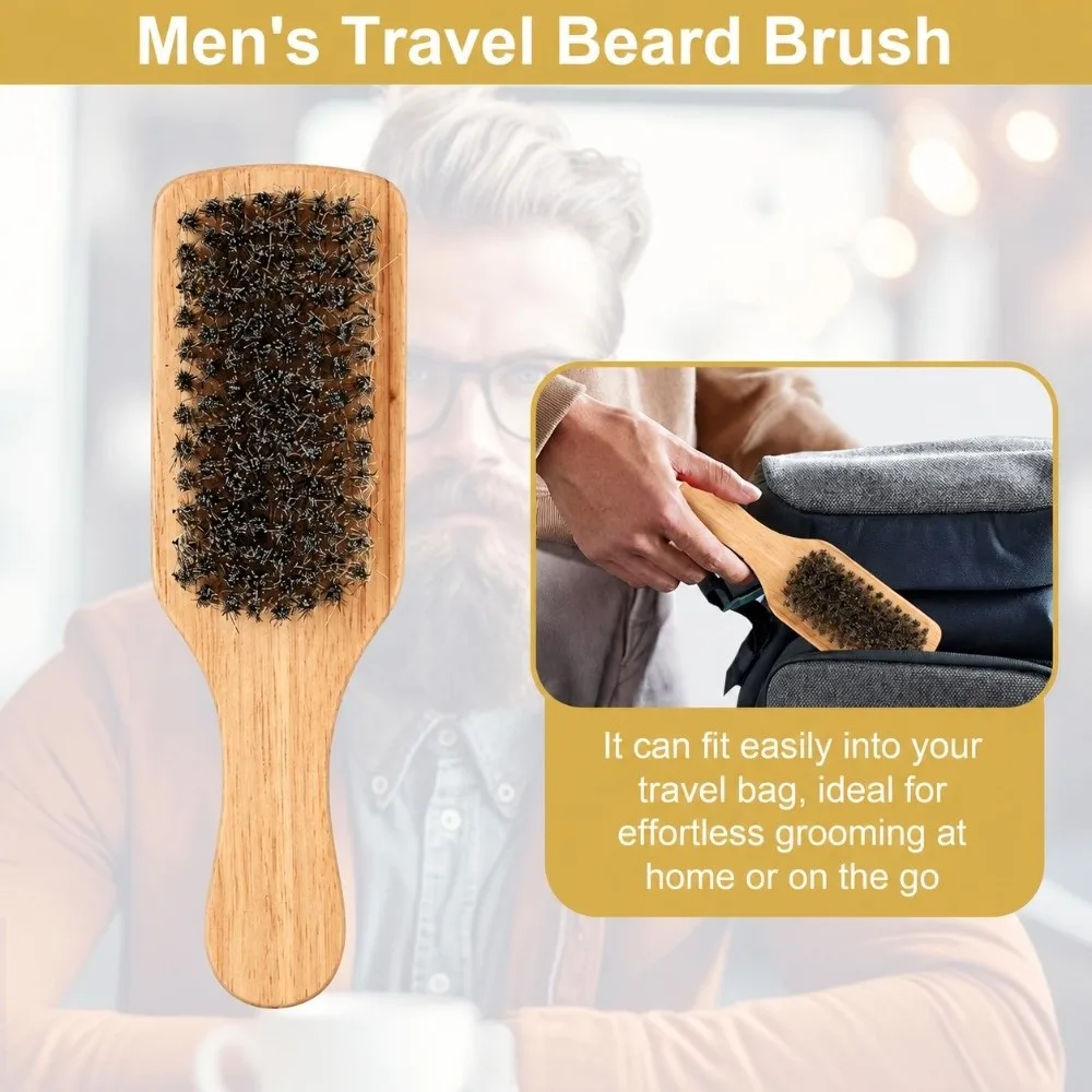 Brown Double Sided Beard Brush Nylon Side Rubber Wood Handle Mustache Brush Ergonomic Handle Detangling Beard Grooming Tool