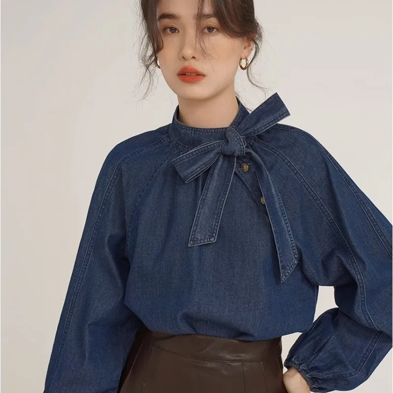 Standing Neck Bubble Long Sleeved Women\'S Autumn And Winter Versatile Vintage Style Loose Neckline Lace Up Denim Shirt Bow Long