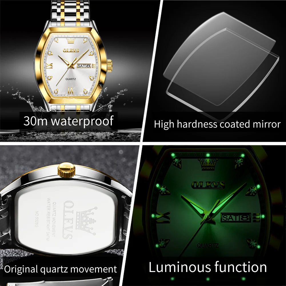 OLEVS 5528 Men Watch Fashion Business Dual Calendar Display Gold Stainless Steel Waterproof Watch Luxury Brand Quartz Men Watch