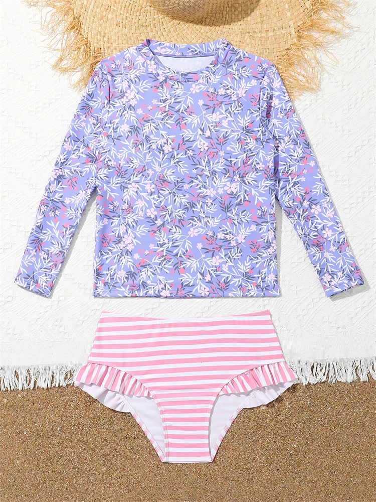 Girls Swimsuit 2024 New Pink Print Long Sleeve Children Swimwear Brief Summer 2 Piece Kids Beachwear Swimming Bathing Suit Girl