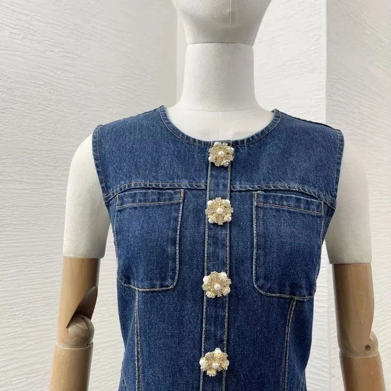 Nuove donne Denim Design Serie senza maniche Vita A-line Bottoni 2024 Cotone di alta qualità Mini Lady Summer Tank Abiti da ballo